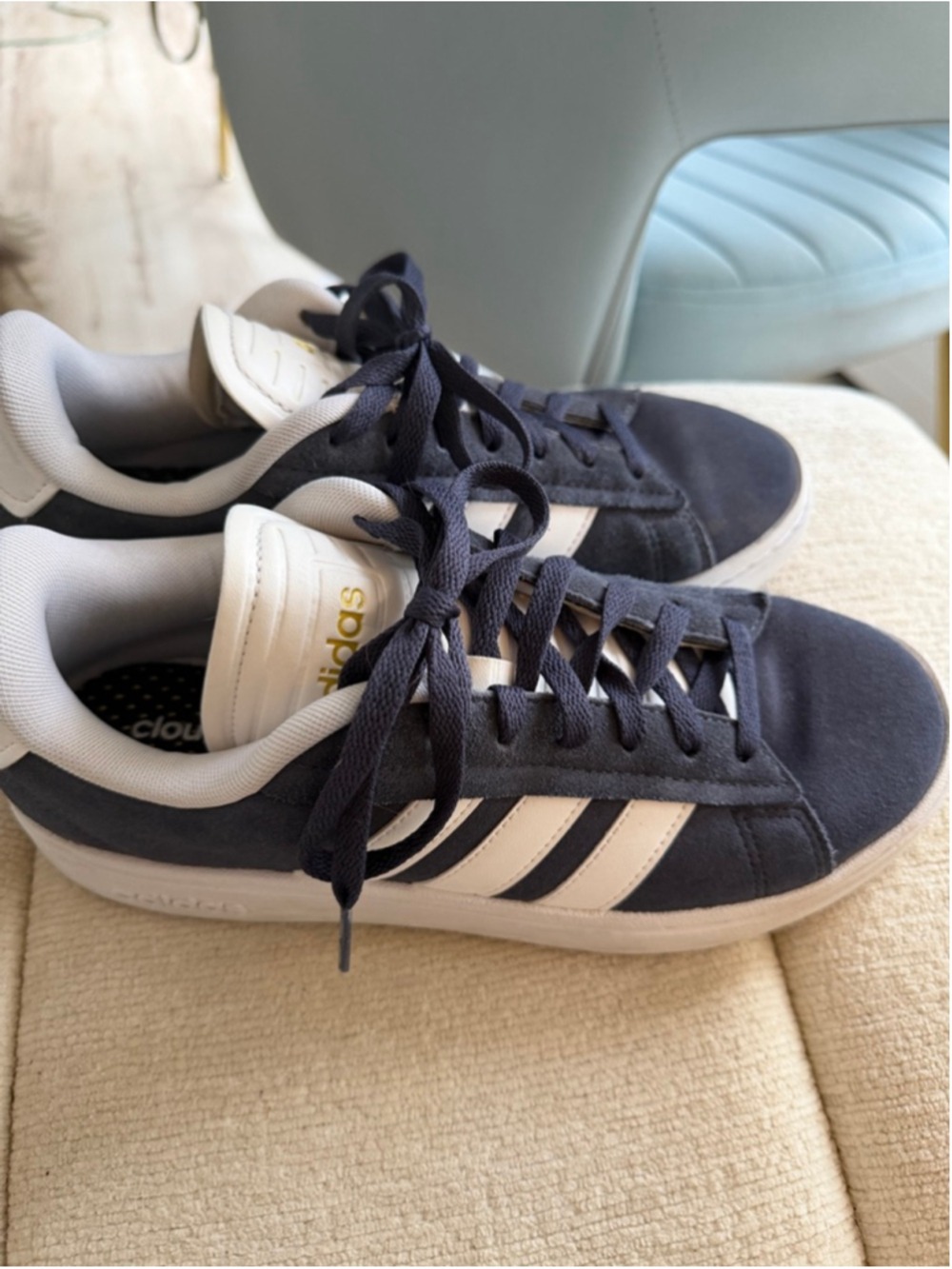 Navy and White Women’s 9 Grand Court Alpha Adidas 3 Stripe Sneaker Tennis Shoes